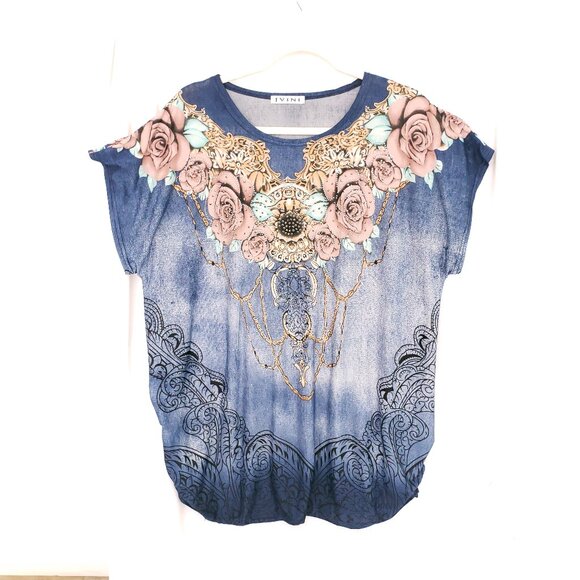 JVINI Tops - JVINI Blue Roses Unique Print Short Sleeve Stretchy Blouse One Size